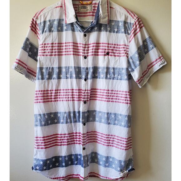 Free Planet Mens L Shirt Button Front American Flag Reverse Print Cotton USA - Picture 1 of 13